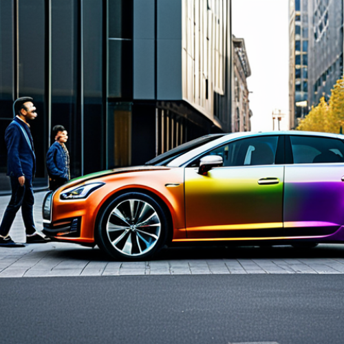 Home 14 Futuristic Automotive Customization**
"A sleek, modern car with a chameleon-like paint job that shifts colors smoothly, parked in a well-lit urban environment with contemporary architecture in the background, fully clothed people observing the car in awe, appropriate attire, safe for work, perfect anatomy, correct proportions, natural pose, professional photography, high quality, family-friendly."
**