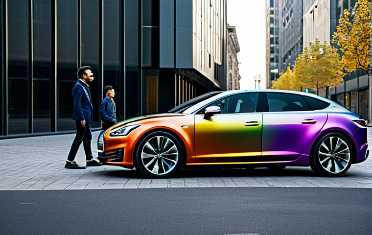 Futuristic Automotive Customization**

"A sleek, modern car with a chameleon-like paint job that shifts colors smoothly, parked in a well-lit urban environment with contemporary architecture in the background, fully clothed people observing the car in awe, appropriate attire, safe for work, perfect anatomy, correct proportions, natural pose, professional photography, high quality, family-friendly."

**