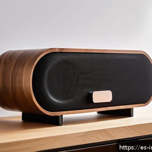 공업디자인과 음향 설계 - A modern living room featuring an elegant, sleek wireless speaker with a wooden treated surface and ...