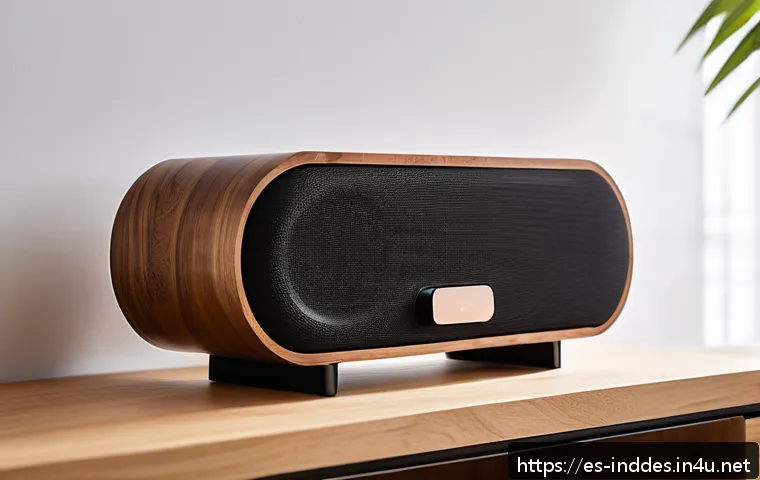공업디자인과 음향 설계 - A modern living room featuring an elegant, sleek wireless speaker with a wooden treated surface and ...