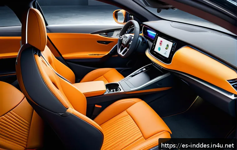 공업디자인과 자동차 내장 디자인 - Ultra-modern car interior focused on user-centered design, featuring adjustable ergonomic seats with...
