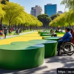 공업디자인과 공공 디자인 - A vibrant urban park in Mexico City featuring multifunctional green spaces with accessible walking p...