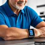 공업디자인과 의료기기 디자인 - A close-up scene of a sleek, ergonomic portable glucose monitor worn comfortably on the forearm of a...