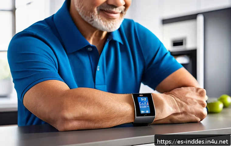 공업디자인과 의료기기 디자인 - A close-up scene of a sleek, ergonomic portable glucose monitor worn comfortably on the forearm of a...